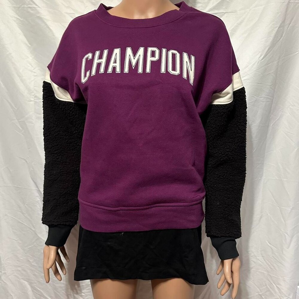 Champion women's colorblock fleece crewneck purple white black sweater SZ XS